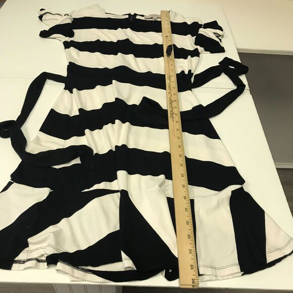 LOFT Dress Womens 2 Black Ivory Wide Stripe Flutter Sleeve Ruffle Hem Waist Sash - Picture 12 of 12